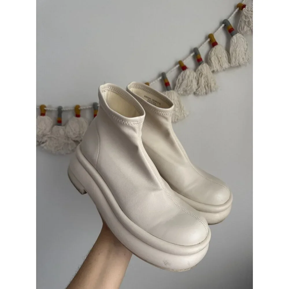 Charles & Keith Nola Leather Chalk White Slip On Ankle Booties Minimalist 38